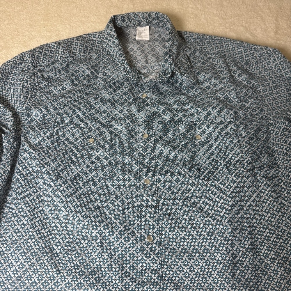 Wrangler Men's XXL Western‎ Pearl Snap Shirt Teal Geometric Long Sleeve